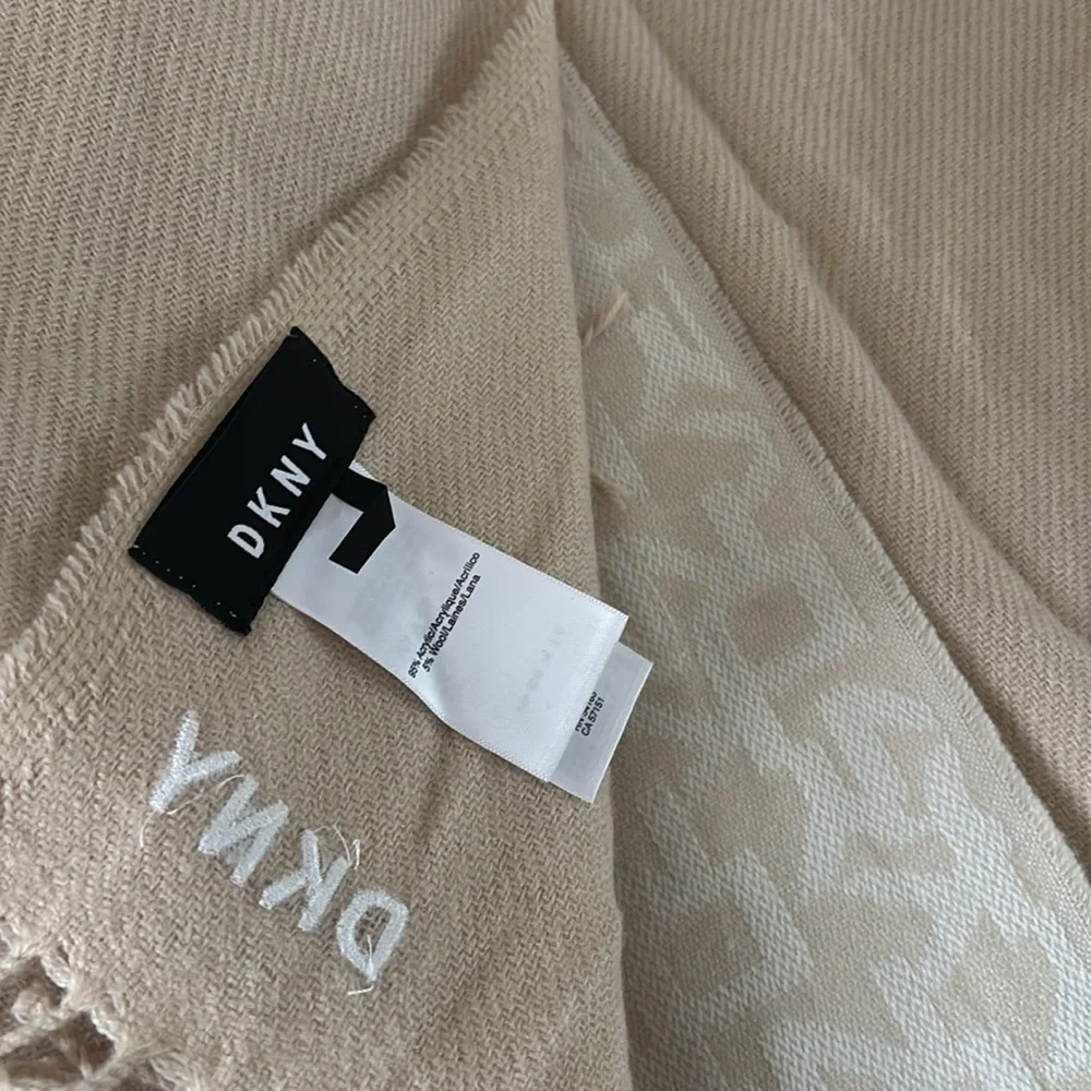 DKNY Double panel Woven Logo Wrap Scarf – Beige/Cream – Oversized 12” x 74”